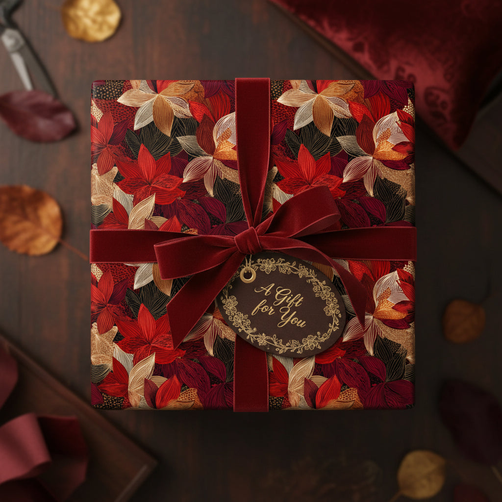 Elegant gift wrapped in red floral wrapping paper with velvet ribbon and "A Gift for You" tag.