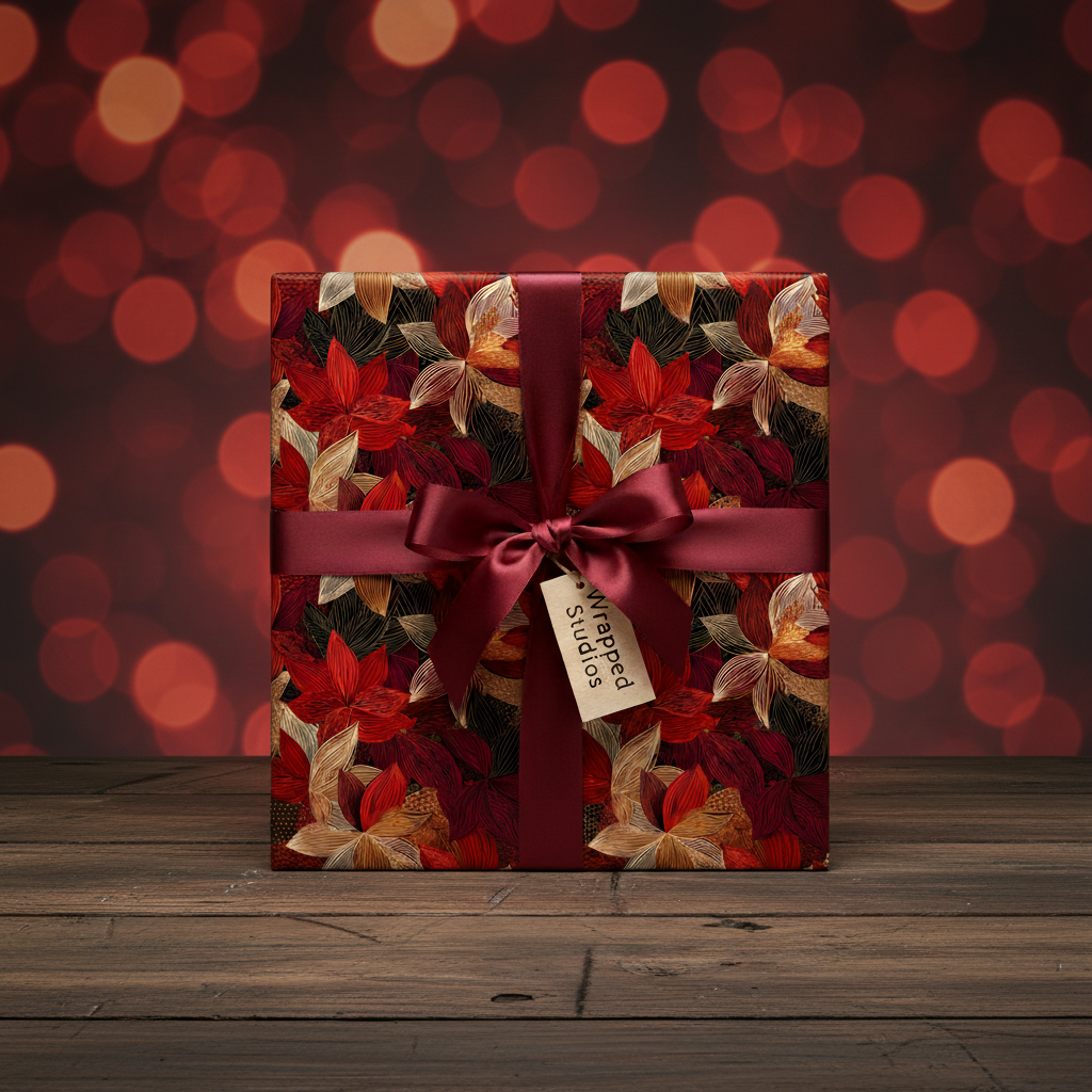 Elegant floral wrapping paper in red and gold with burgundy satin ribbon bow for Christmas gifts.