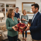 Woman receiving gift wrapped in autumn floral wrapping paper with red ribbon at a party.