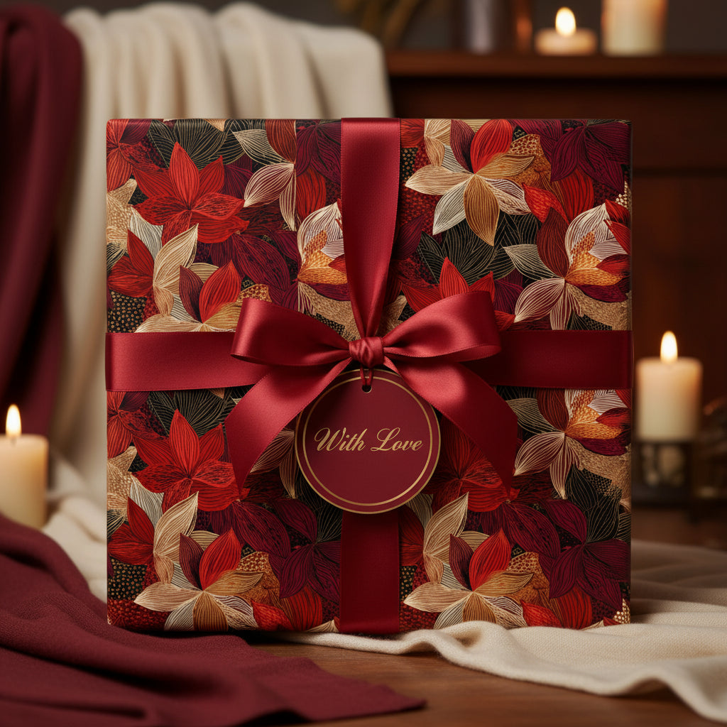 Elegant floral wrapping paper with red satin ribbon and "With Love" gift tag for Christmas or special occasions.