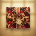 Square gift wrapped in modern floral wrapping paper, featuring a large bronze satin bow, perfect for elegant Christmas presents.