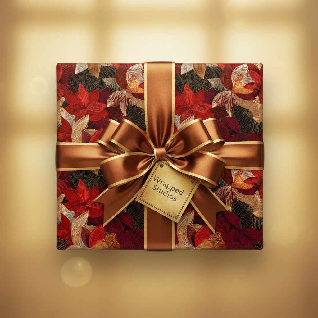 Square gift wrapped in modern floral wrapping paper, featuring a large bronze satin bow, perfect for elegant Christmas presents.