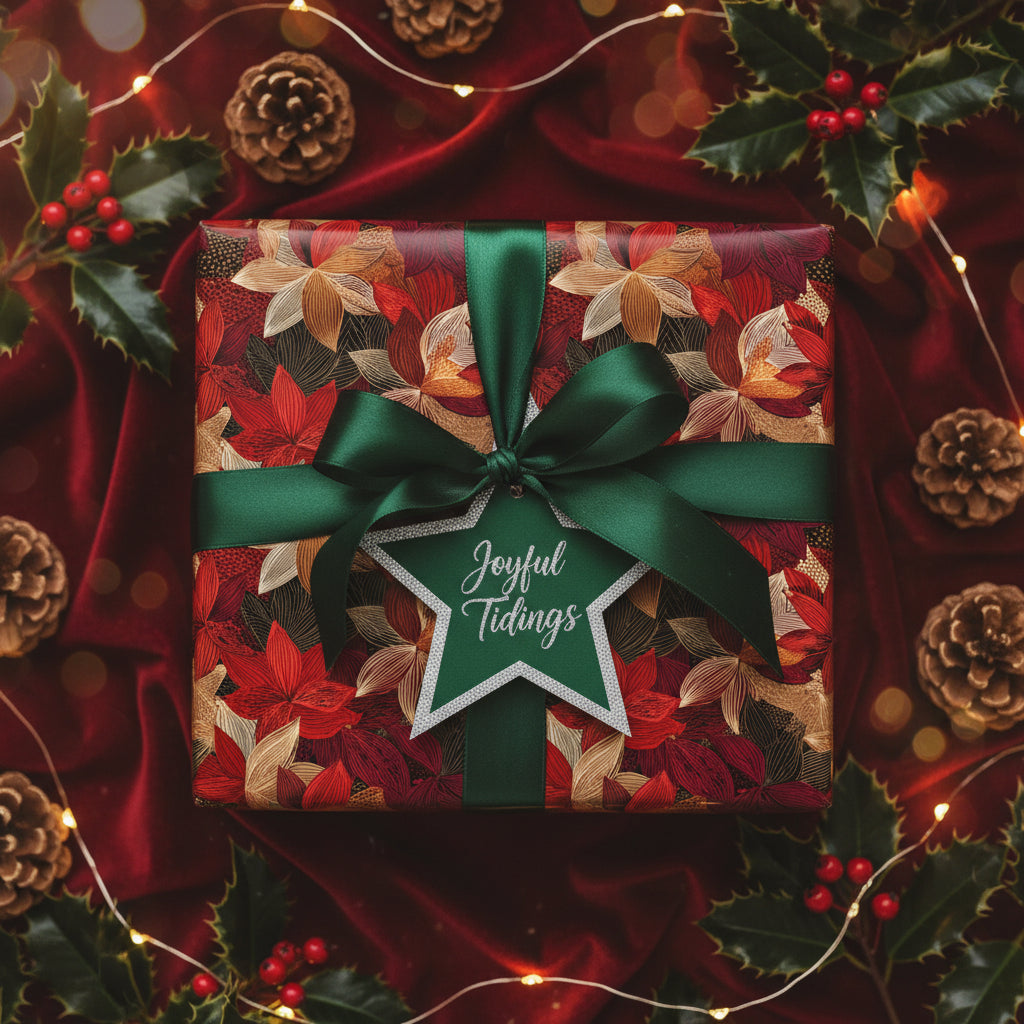 Elegant Christmas gift wrap with floral pattern, emerald ribbon and "Joyful Tidings" tag.