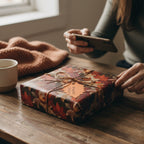 Autumnal leaf print wrapping paper on a gift, tied with twine and photographed in warm, rustic setting.