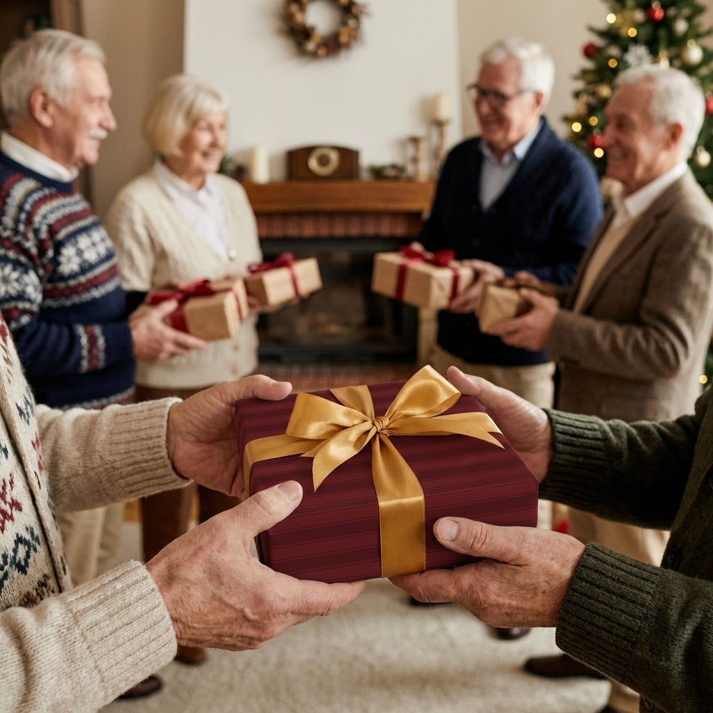 Burgundy Christmas gift exchange with luxury gold ribbon gift wrap.
