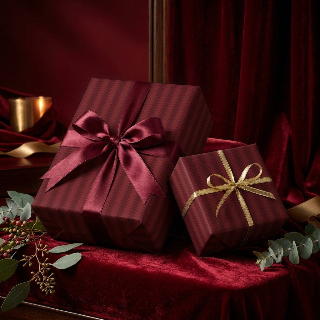 Burgundy striped gift wrap with ribbon, luxurious holiday or Christmas gift presentation.