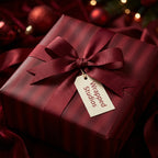 Burgundy striped wrapping paper with ribbon bow for Christmas or elegant gift wrap.