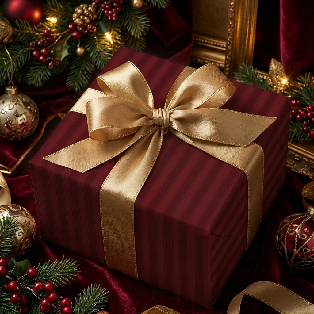 Burgundy striped Christmas gift wrap with gold ribbon and bow on a velvet surface with festive ornaments.
