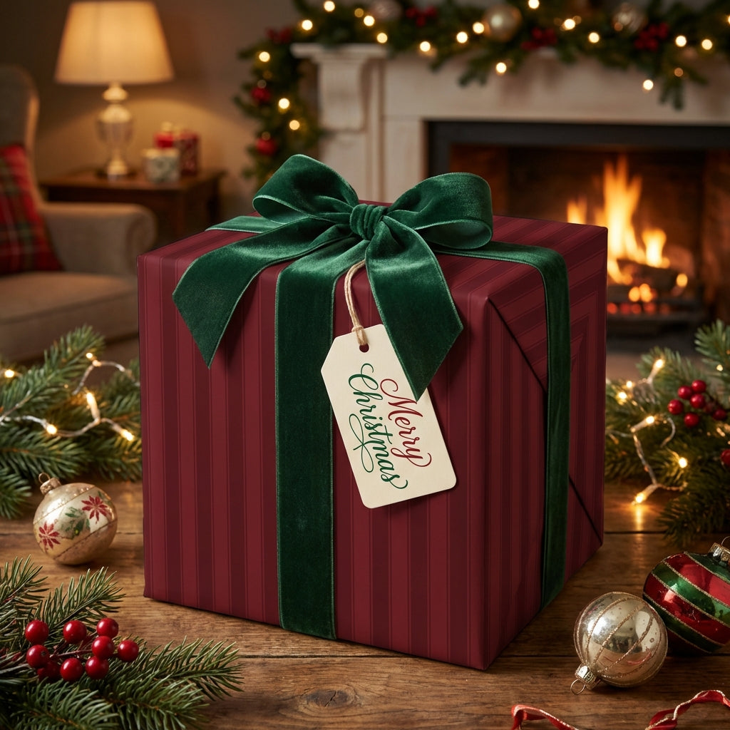 Elegant Christmas gift wrapped in burgundy striped paper with a green velvet ribbon and "Merry Christmas" tag.