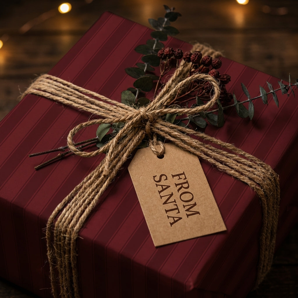 Burgundy Christmas gift wrap with twine bow, greenery, and "From Santa" tag.