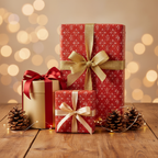 Festive Christmas gift wrap with red and gold patterned paper, bows, and pine cones on a wood surface.