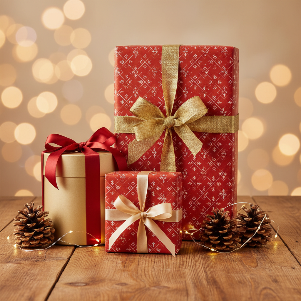 Festive Christmas gift wrap with red and gold patterned paper, bows, and pine cones on a wood surface.