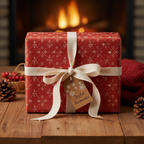 Cozy Christmas gift wrapped in red snowflake paper with cream ribbon and "Joyful Moments" tag, fireplace background.