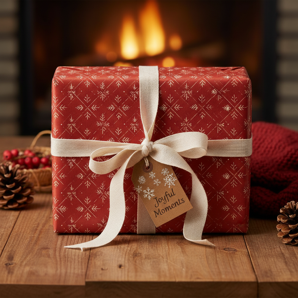 Cozy Christmas gift wrapped in red snowflake paper with cream ribbon and "Joyful Moments" tag, fireplace background.