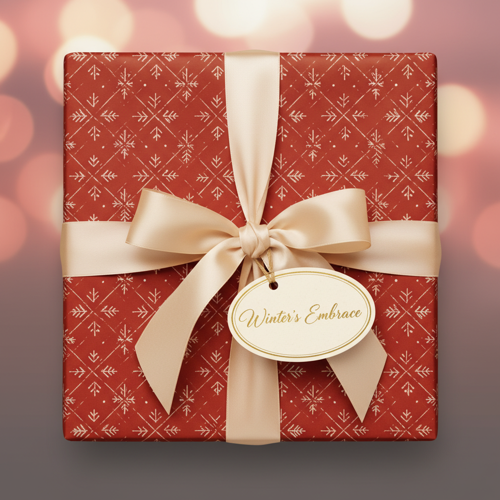 Red Christmas gift wrap with a minimalist snowflake pattern, cream ribbon, and "Winter's Embrace" gift tag.