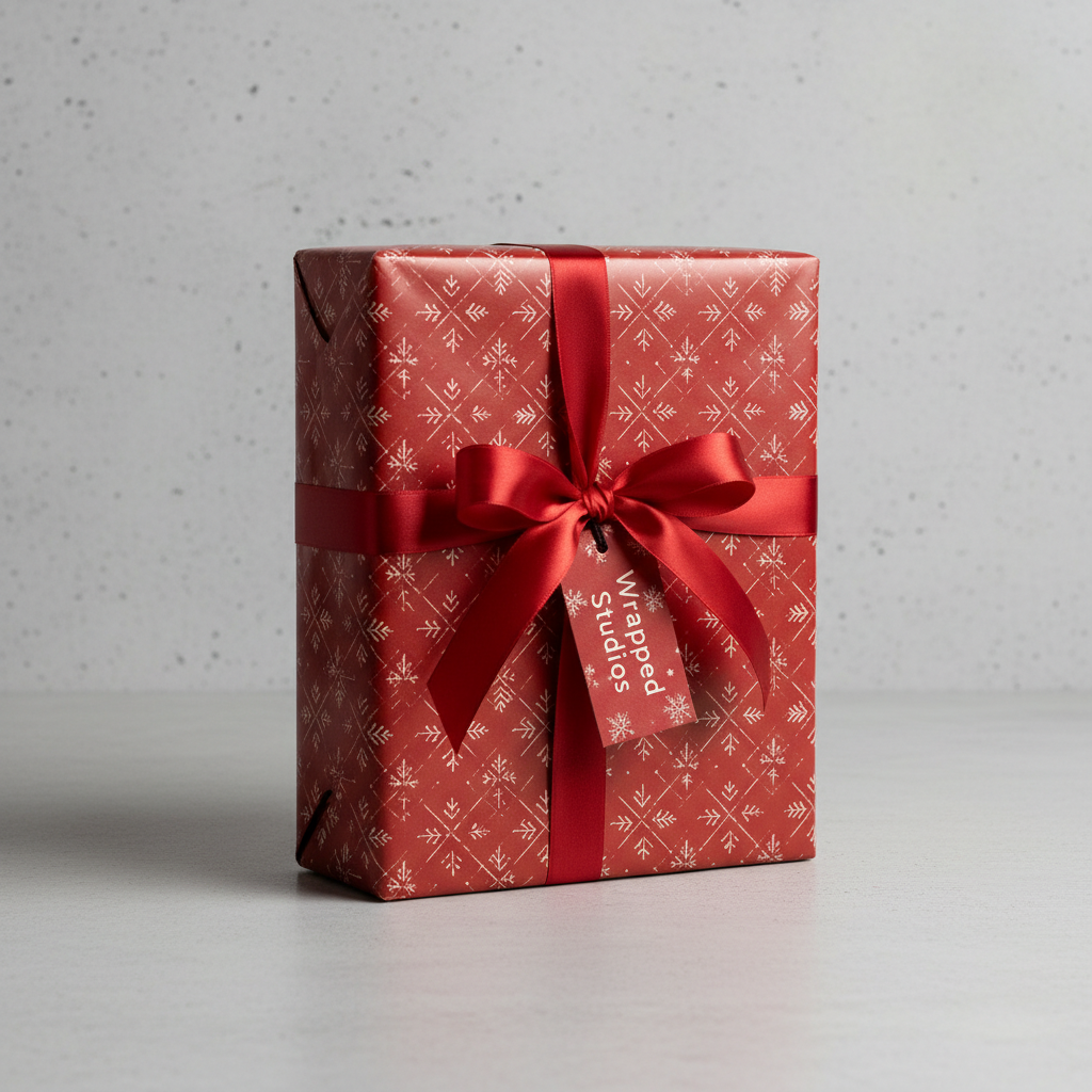 Red Christmas wrapping paper with snowflake pattern and satin ribbon.