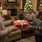 Christmas gift exchange with red holiday wrapping paper and ivory ribbon.