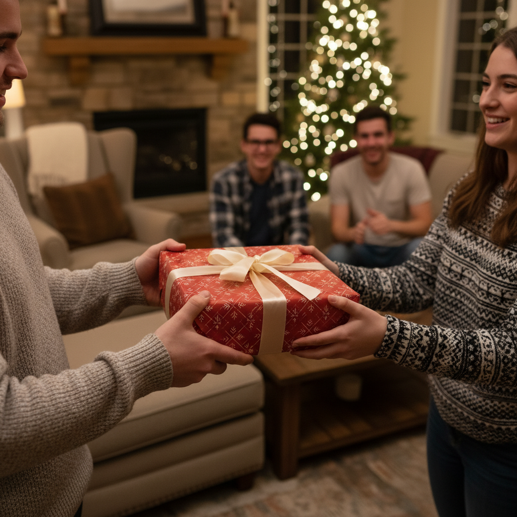 Christmas gift exchange with red holiday wrapping paper and ivory ribbon.