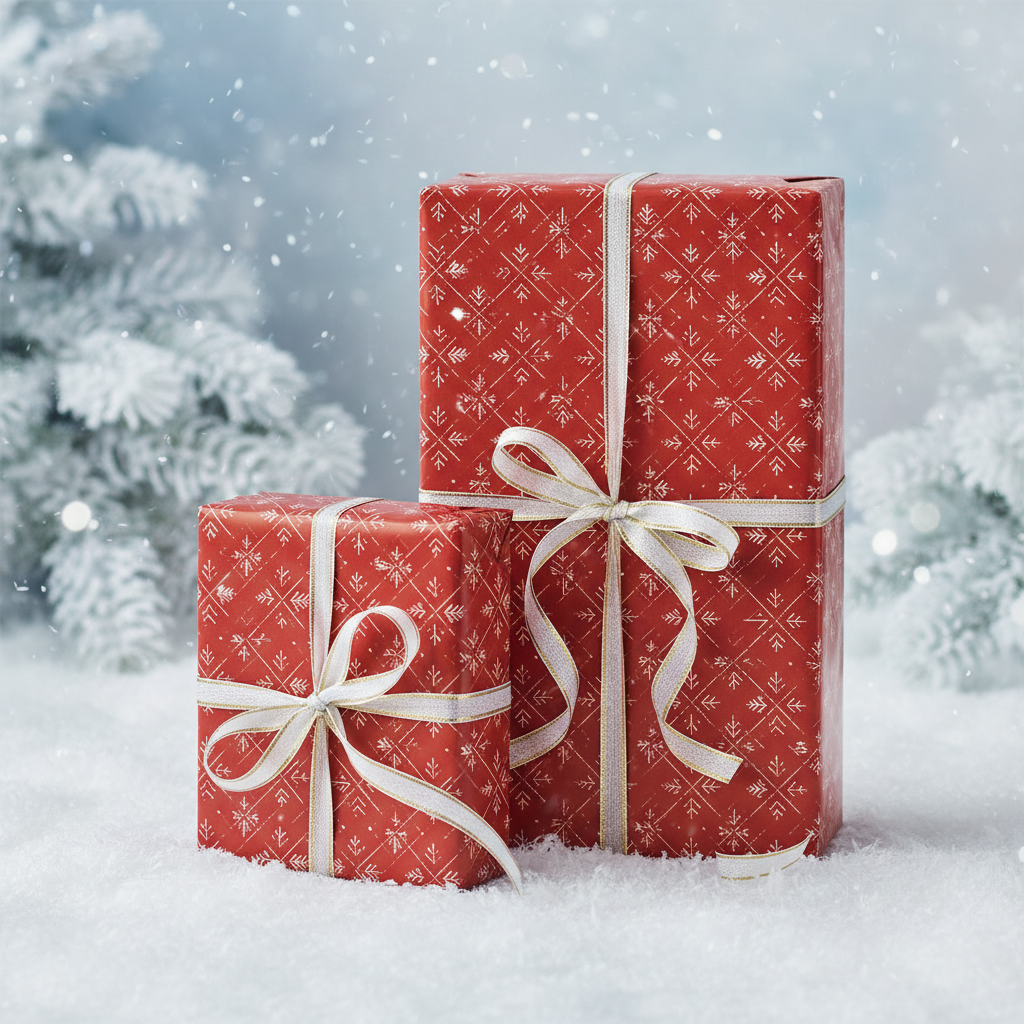 Two Christmas gifts wrapped in red snowflake gift wrap with white ribbons.