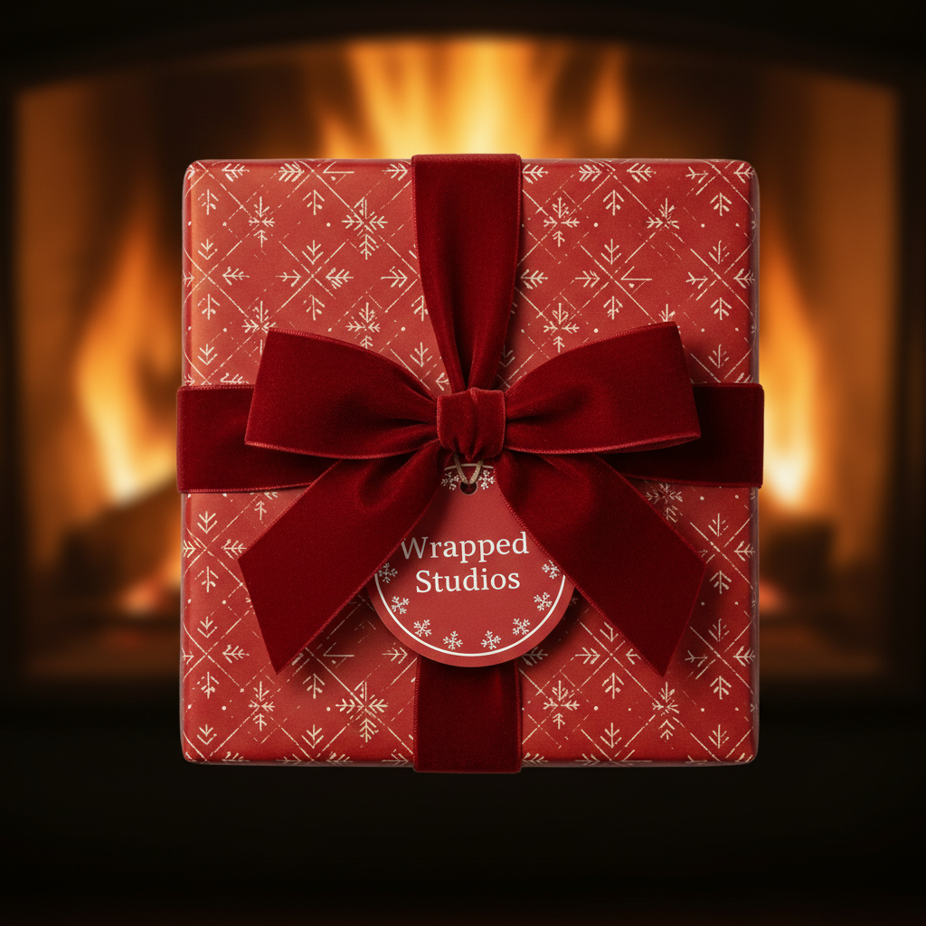 Cozy Christmas gift wrapped in red snowflake paper with velvet ribbon and fireplace background.