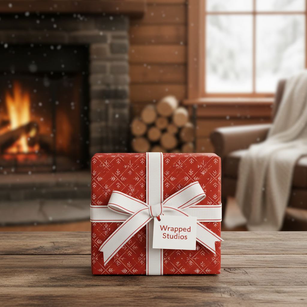 Cozy Christmas gift wrap: Red paper with snowflake design, white ribbon, and fireside setting.