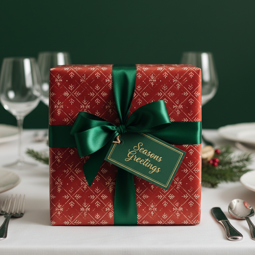 Elegant Christmas gift wrapped in red patterned paper with a green satin ribbon and "Seasons Greetings" tag.