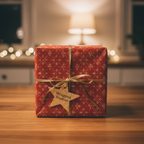 Red Christmas gift wrap with gold ribbon, star tag, and snowflake pattern.