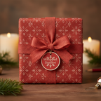 Square Christmas gift wrapped in red snowflake paper with burlap ribbon and tag.