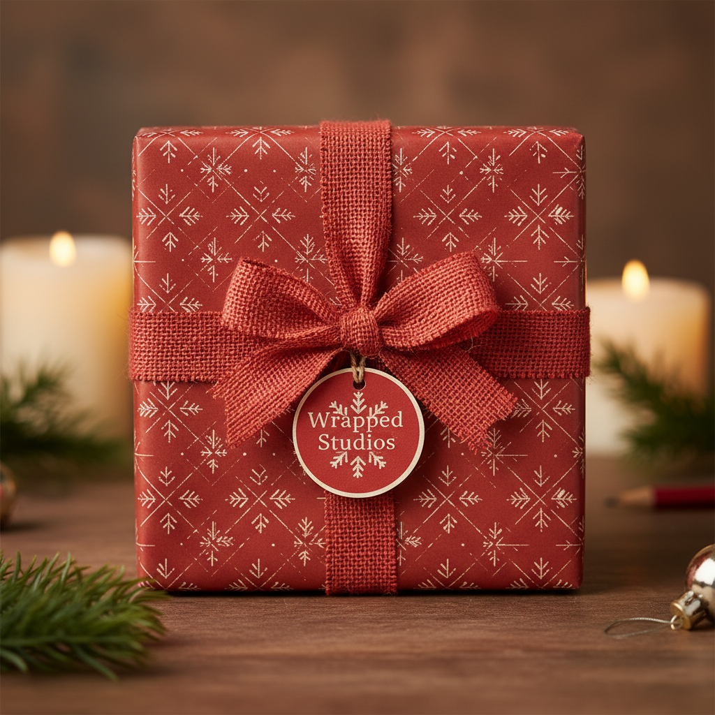 Square Christmas gift wrapped in red snowflake paper with burlap ribbon and tag.
