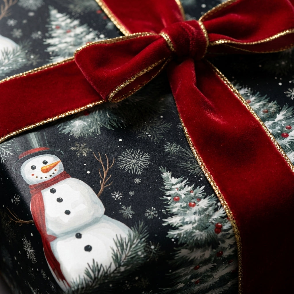 Luxury Christmas wrapping paper with a snowman pattern and red velvet ribbon by Wrapped Studios.