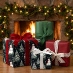 Luxury snowman Christmas wrapping paper on holiday gifts by a cozy fireplace. Wrapped Studios.