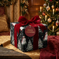 Luxury Christmas wrapping paper with snowman print and red velvet bow by Wrapped Studios.