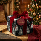 Luxury Christmas wrapping paper with snowman print and red velvet bow by Wrapped Studios.