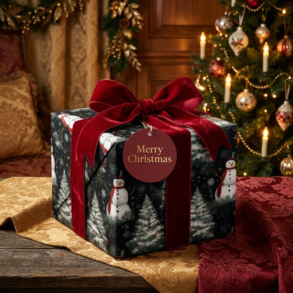 Luxury Christmas wrapping paper with snowman print and red velvet bow by Wrapped Studios.