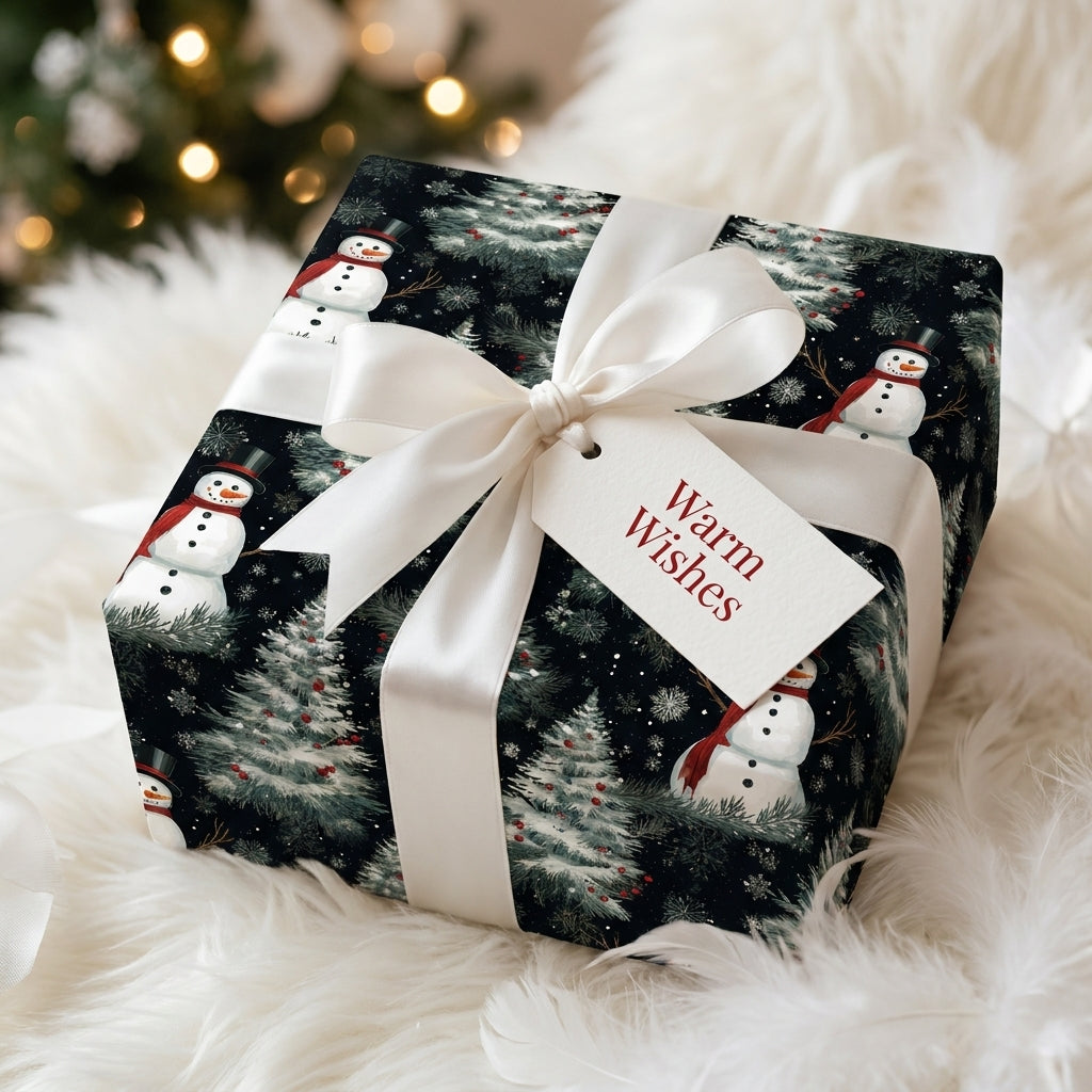 Luxury Christmas wrapping paper with a snowman pattern, white satin bow, and gift tag by Wrapped Studios.