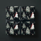 Black snowman Christmas wrapping paper with a satin bow on a gift box by Wrapped Studios.