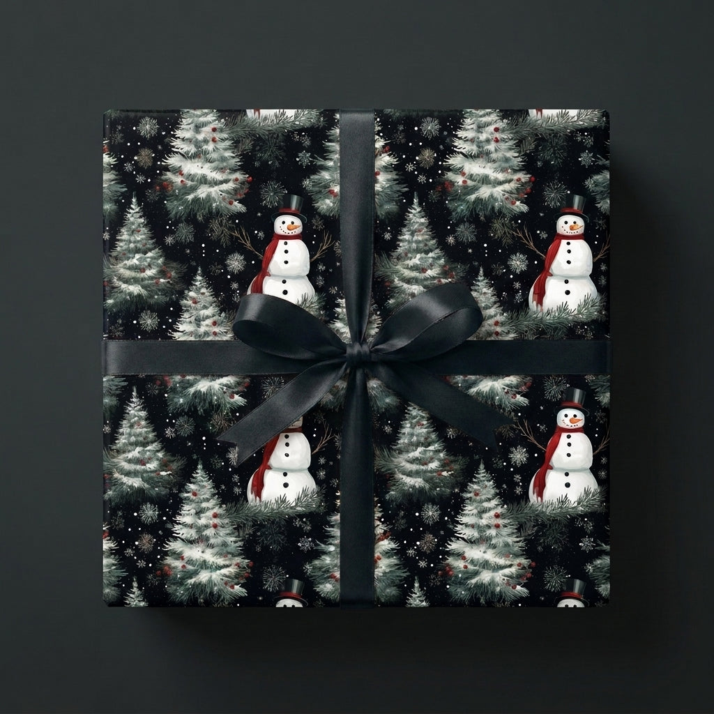 Black snowman Christmas wrapping paper with a satin bow on a gift box by Wrapped Studios.