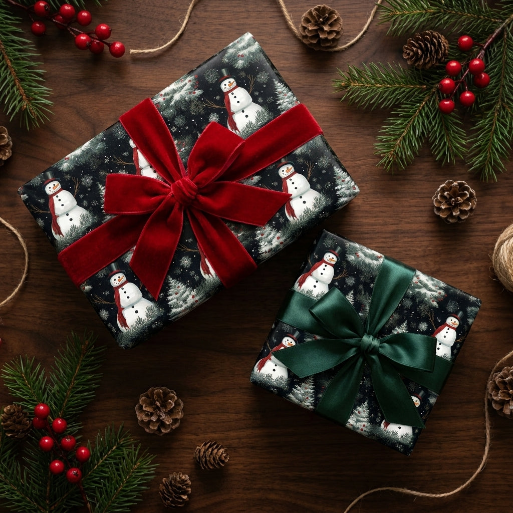 Snowman Christmas wrapping paper with red velvet and green bows by Wrapped Studios.