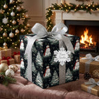 Snowman Christmas wrapping paper with a silver glitter bow in a cozy fireplace scene by Wrapped Studios.