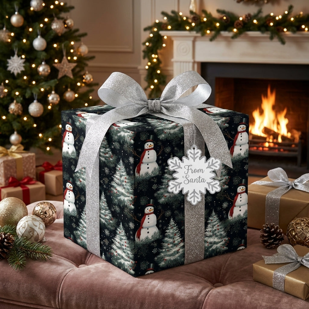 Snowman Christmas wrapping paper with a silver glitter bow in a cozy fireplace scene by Wrapped Studios.