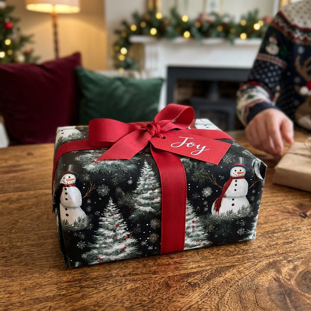 Snowman Christmas gift wrap by Wrapped Studios on a present with a red bow in a cozy holiday home.