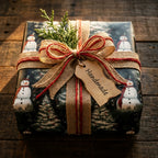 Snowman Christmas wrapping paper by Wrapped Studios, rustic gift box with burlap bow and handmade tag.