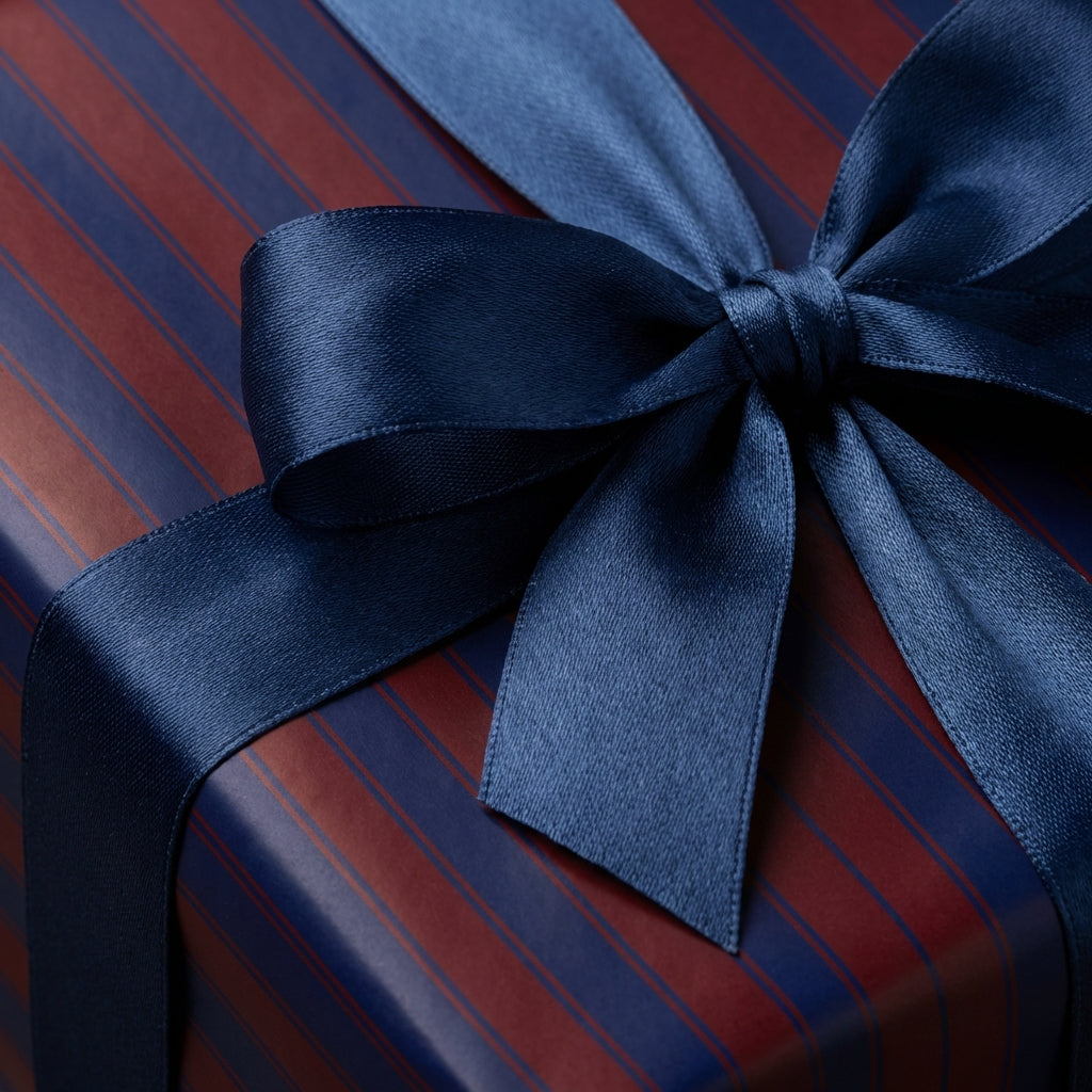 Striped luxury gift wrap with navy satin bow.