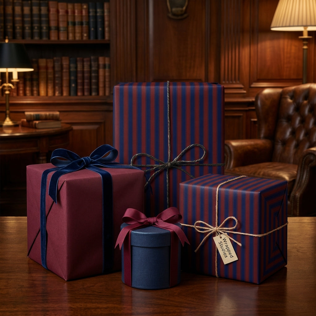 Elegant gifts wrapped in striped luxury wrapping paper, with velvet ribbons and twine, set in a library.