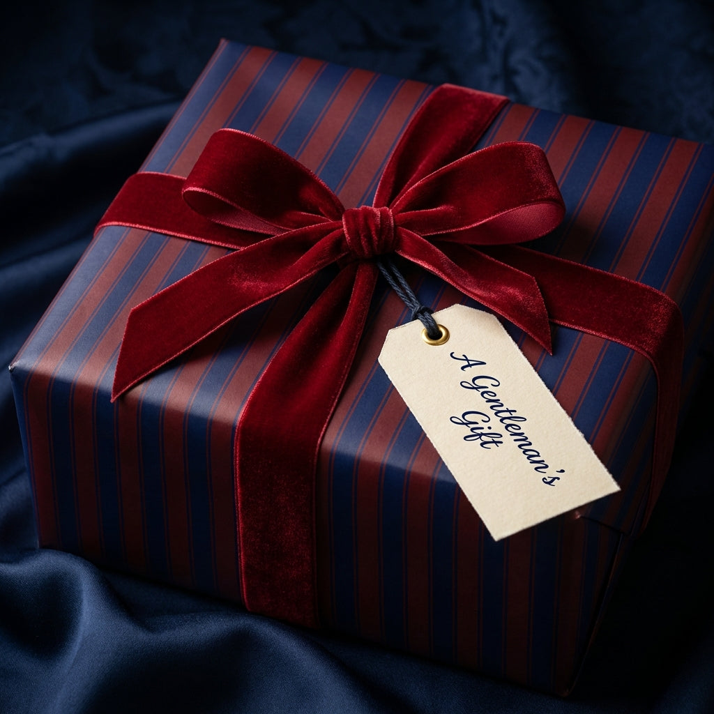 Elegant gift wrapped in blue and red striped wrapping paper with a velvet ribbon and "A Gentleman's Gift" tag.