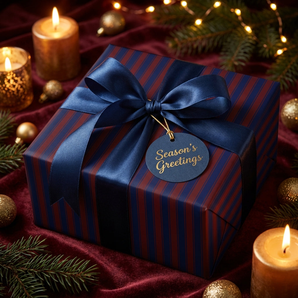 Elegant Christmas gift wrap with navy ribbon on a present with a "Season's Greetings" tag.