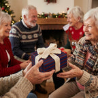 Christmas gift exchange: Navy striped gift wrap with knitted ivory bow.