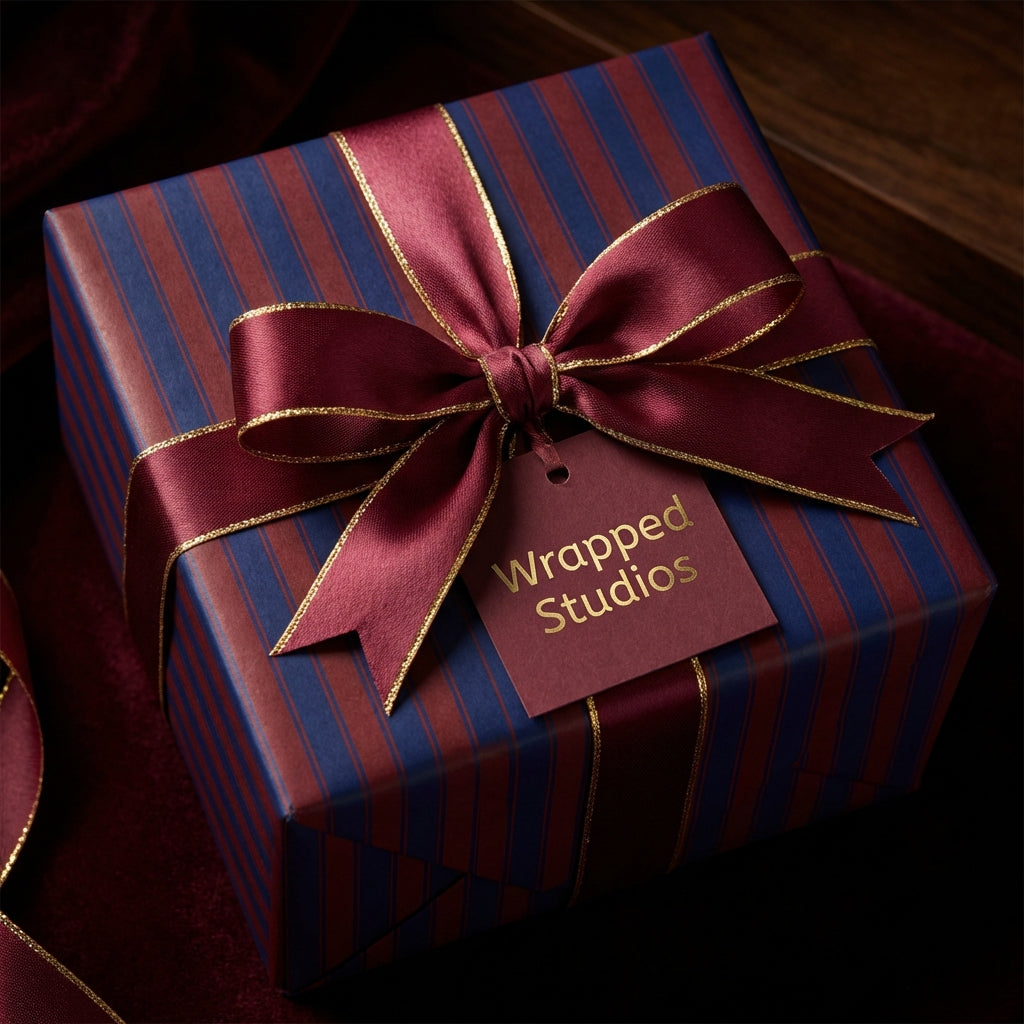 Striped gift wrap with burgundy ribbon and gold trim, elegant present.