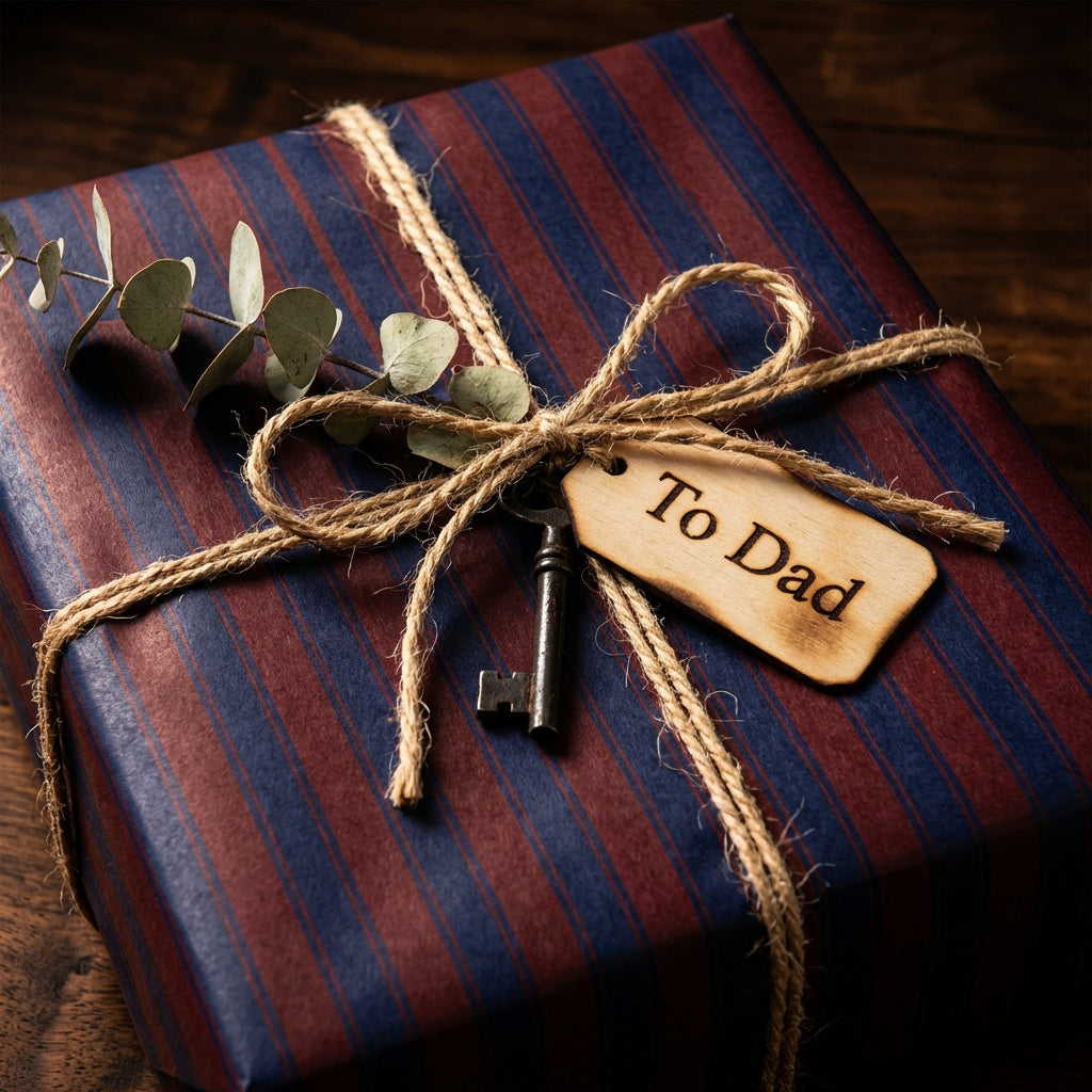 Striped father's day wrapping paper with twine bow, eucalyptus, and "To Dad" tag.