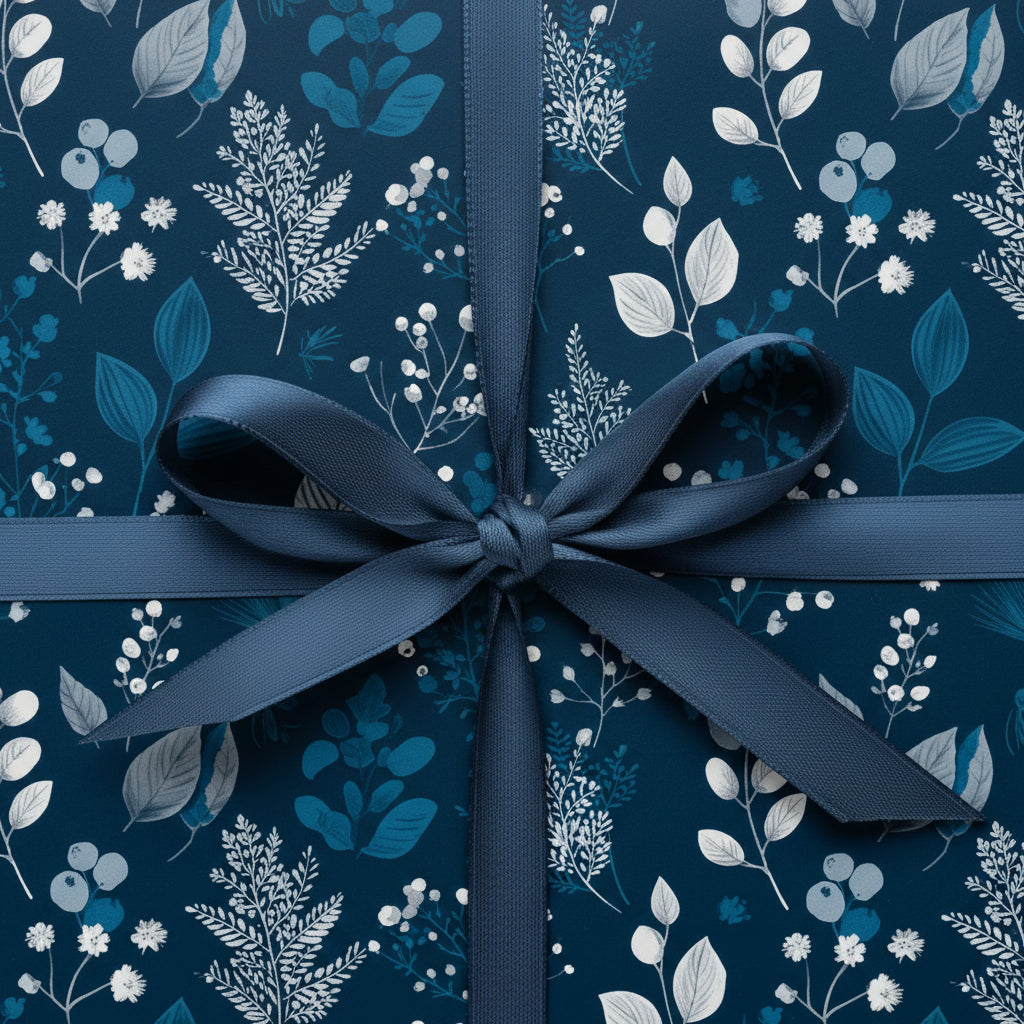 Elegant navy blue floral wrapping paper with matching ribbon for sophisticated gift presentation.